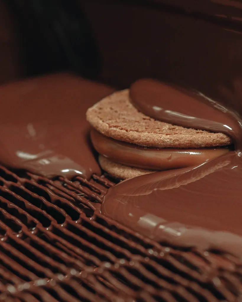 Alfajores Malfatti en la línea de producción de la fábrica, sobre la cinta, mientras el chocolate los baña.