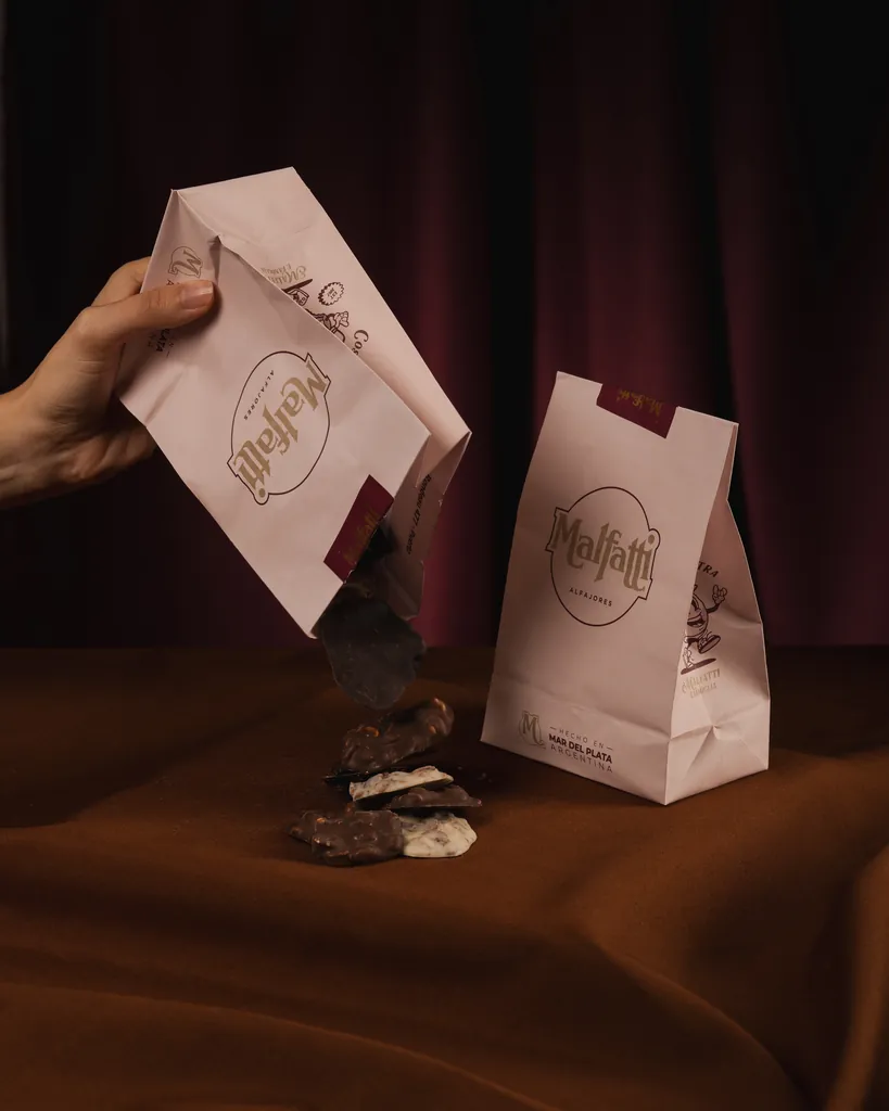 Una mano sostiene una bolsa de Malfattis, los chocolates de la marca, junto a otra bolsa y chocolates sueltos.