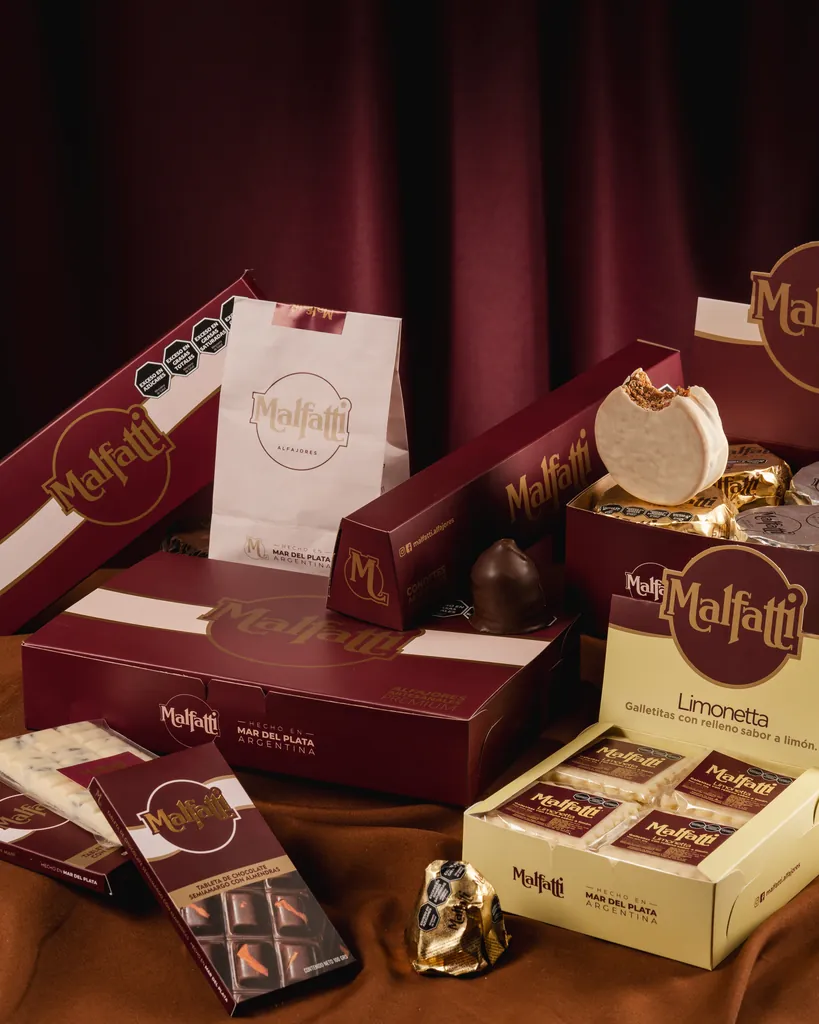 Productos Malfatti juntos: cajas de alfajores, una caja de Limonettas, tabletas de chocolate y bombones, delante de una cortina bordó.