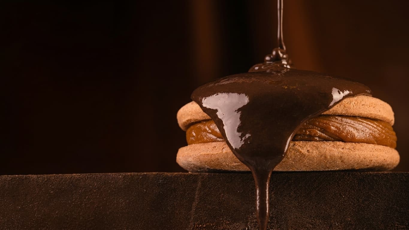 Un alfajor Malfatti sobre una tabla de madera mientras le cae un hilo de chocolate derretido que lo baña: se ven las dos tapas de masa y el dulce de leche del medio.