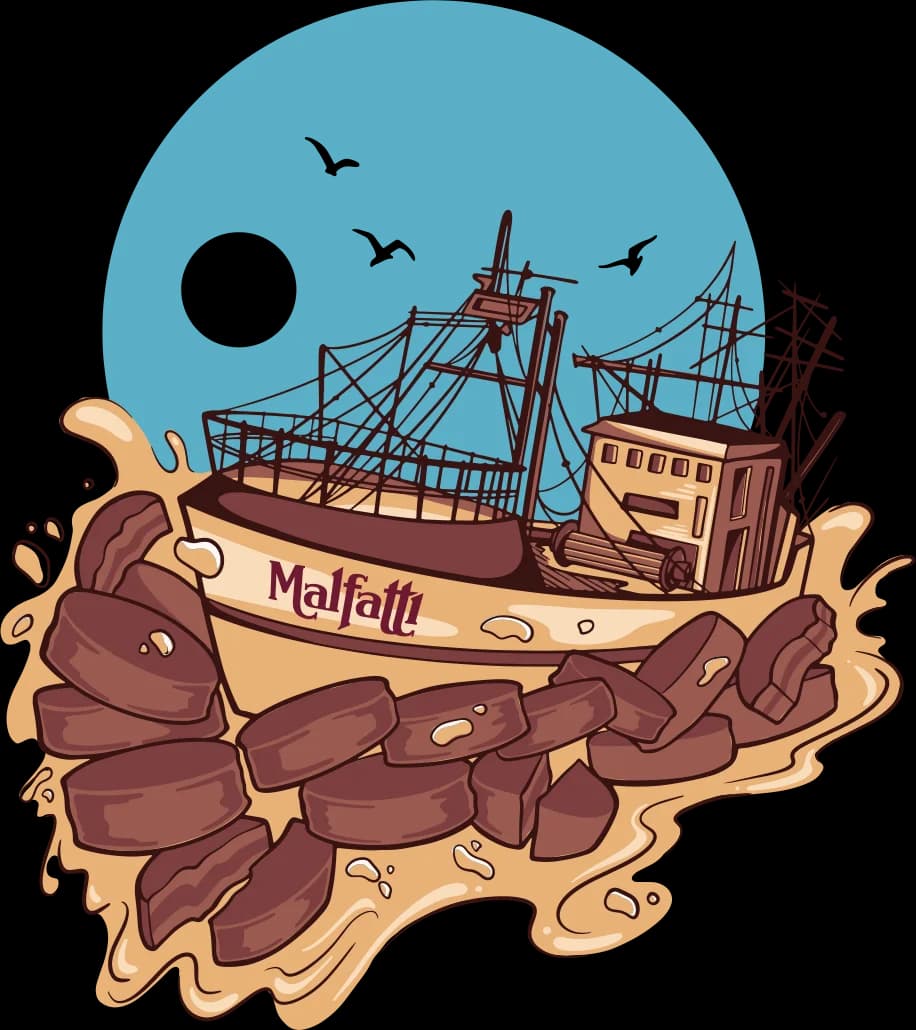 Ilustración: el barco pesquero «Malfatti» del puerto de Mar del Plata navegando sobre una ola de dulce de leche con alfajores y chocolates.